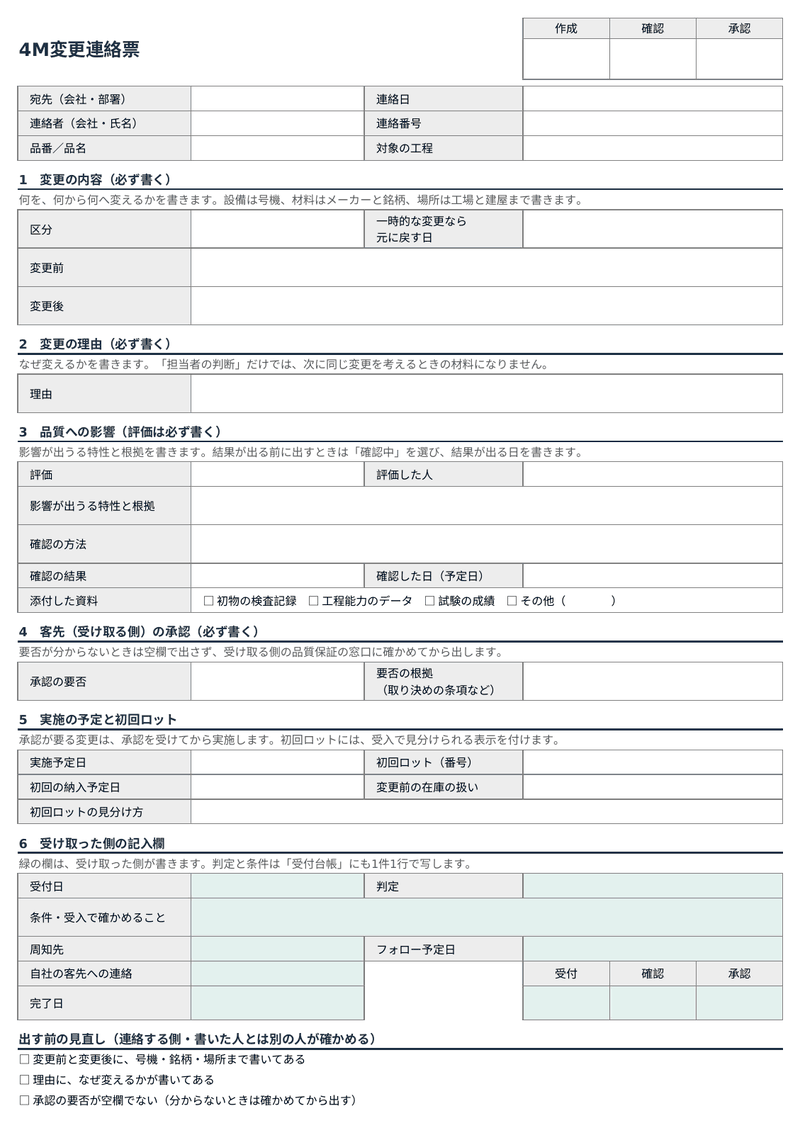 「変更連絡票」のシートを印刷したときの見た目。上から、宛先や連絡日などの頭の欄、変更の内容、変更の理由、品質への影響、客先の承認、実施の予定と初回ロット、色の付いた受け取った側の記入欄、出す前の見直しの3点が並ぶ