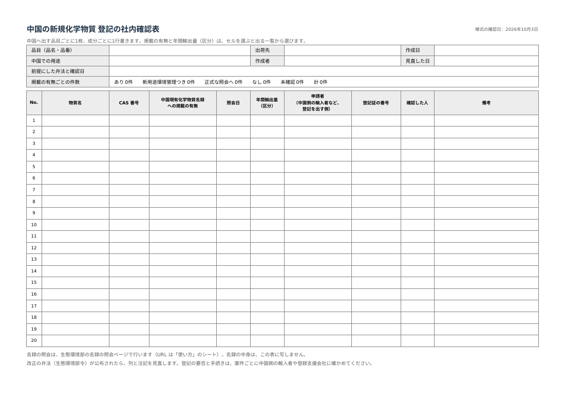 シート「確認表」を A4 横で印刷したときの見た目。上に品目・出荷先・中国での用途・前提にした弁法などの欄、その下に物質名から備考までの列と20行の表が並ぶ