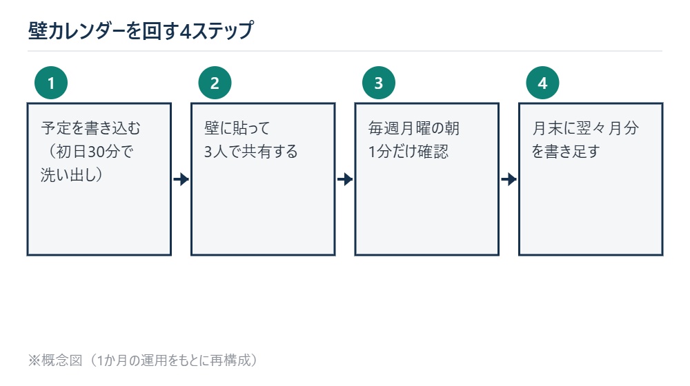 壁カレンダーを回す4ステップを示した図