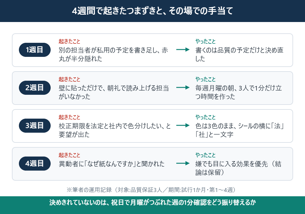4週間で起きたつまずきと、その場で行った手当てを週ごとに並べた図