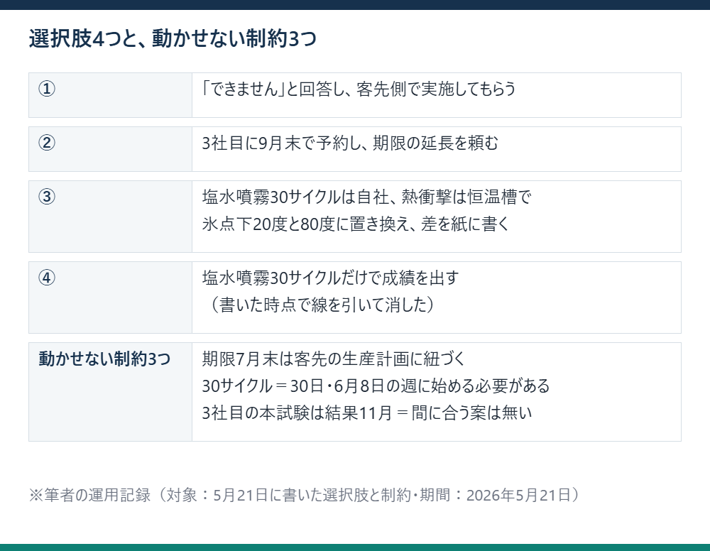 5月21日に書いた選択肢4つと、動かせない制約3つを上下に並べた表