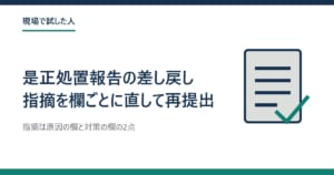 書類にチェックの付いた絵と「是正処置報告の差し戻し 指摘を欄ごとに直して再提出」の題